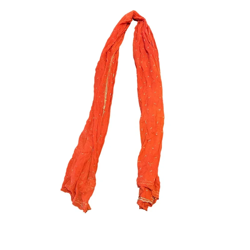 Orange Red Sequin Embroidered Crinkle Chiffon Dupatta‎ Scarf Gold Floral Detail